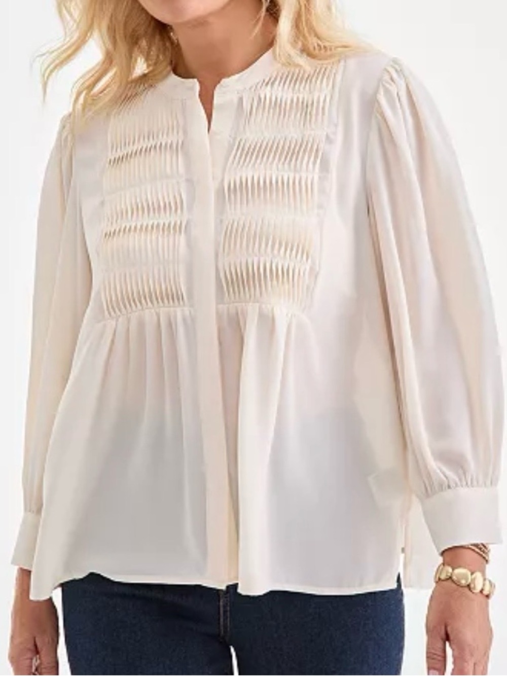 Style & Co White Cream Pintuck Sheer Peasant Office Coastal Work Blouse XL NWT